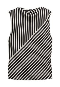 Haut sans manches avec rayures diagonales noires et blanches, moitié supérieure avec rayures verticales, col rond et fermeture éclair dans le dos.