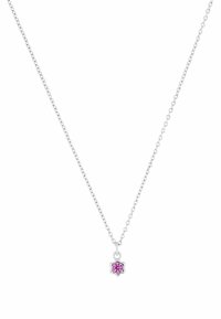 Silberkette mit einem kleinen, pinkfarbenen Edelstein-Anhänger im floralen Design. Die Kette hat ineinandergreifende ovale Glieder für eine interessante Textur.