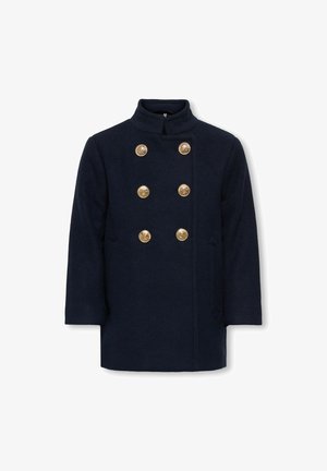 Abrigo azul marino cruzado con seis botones metálicos dorados, cuello alto, mangas largas y dobladillo recto.