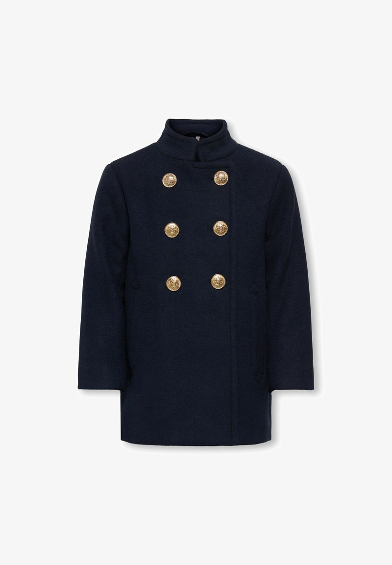 Mørkeblå dobbelspent frakk med seks gullfargede metallknapper og en opprettstående krage, lange ermer og rett kant.