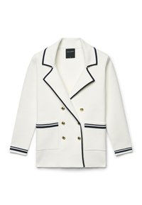 Weißer doppelreihiger Blazer mit schwarzem Besatz an Kragen, Manschetten und Taschen, mit goldenen Knöpfen und zwei vorderen Taschen.