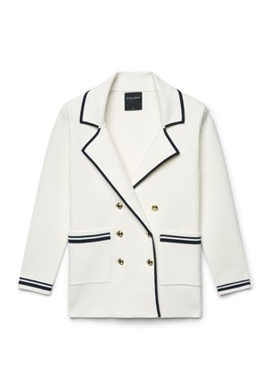 Weißer doppelreihiger Blazer mit schwarzem Besatz an Kragen, Manschetten und Taschen, mit goldenen Knöpfen und zwei vorderen Taschen.