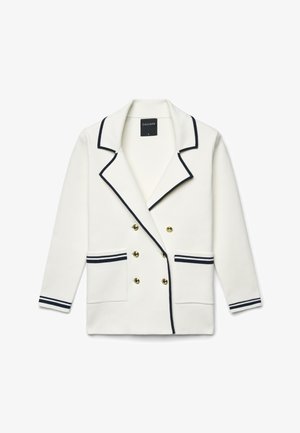 Weißer doppelreihiger Blazer mit schwarzem Besatz an Kragen, Manschetten und Taschen, mit goldenen Knöpfen und zwei vorderen Taschen.