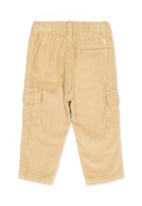 Beżowe spodnie cargo z aksamitu sztruksowego z pionowymi prążkami, wyposażone w dwie boczne kieszenie oraz kieszeń z tyłu, dodatkowo z elastycznym pasem dla komfortu.