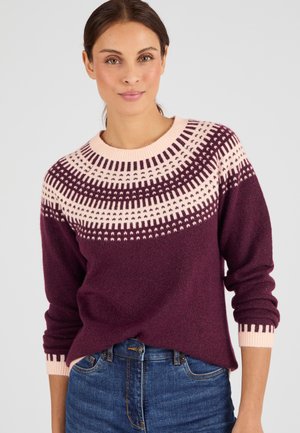 Maglione bordeaux con un corpetto a motivo in rosa chiaro, caratterizzato da un collo rotondo e maniche lunghe, tessuto strutturato e polsini a costine.