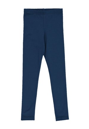 Marineblaue Leggings aus dehnbarem Material mit nahtlosem Bund, die ein figurnahes Design aufweisen und keine sichtbaren Muster oder Details haben.
