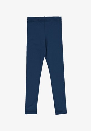 Mørkeblå leggings lavet af strækbart materiale med en sømløs talje, der har et tætsiddende design og ingen synlige mønstre eller detaljer.