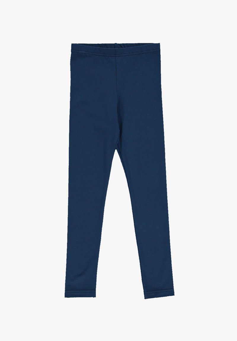 Granatowe legginsy wykonane z rozciągliwego materiału z bezszwowym pasem, charakteryzujące się dopasowanym krojem i brakiem widocznych wzorów lub detali.
