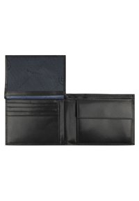 Black leather wallet featuring multiple card slots, a compartment for bills, and a patterned navy interior. Smooth texture and minimalist design.