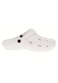 White clog made of lightweight material with ventilation holes, a curved design, and a back strap for secure fit, featuring black accents.