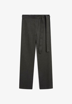 Pantalon portefeuille à rayures noires avec ceinture nouée sur le côté, jambes droites et taille haute, présenté à plat sur fond blanc.
