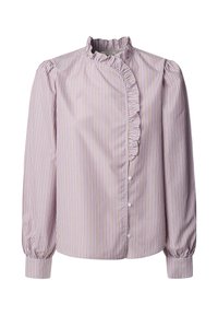 Striped blouse in light purple and white, featuring a high ruffled collar, button front, and puffed long sleeves. Smooth, textured fabric.