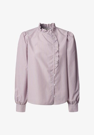 Striped blouse in light purple and white, featuring a high ruffled collar, button front, and puffed long sleeves. Smooth, textured fabric.