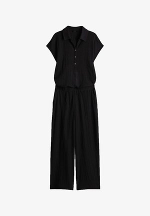 Black jumpsuit with a collared neckline, short sleeves, button front, elastic waistband, and wide-leg pants. Textured fabric detail.