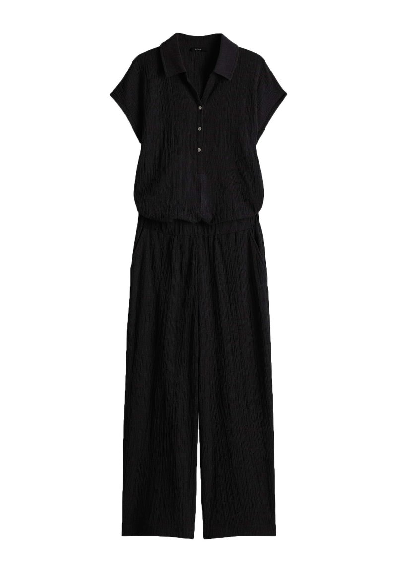 Zwarte jumpsuit met een kraag, korte mouwen, knoopsluiting aan de voorkant, elastische taille en wijde pijpen. Gevoerd met textuur.