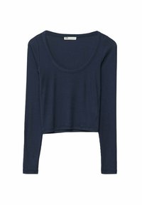 Haut à manches longues bleu marine en tissu côtelé. Présente un décolleté en forme de scoop et un design cropped avec un style minimaliste.