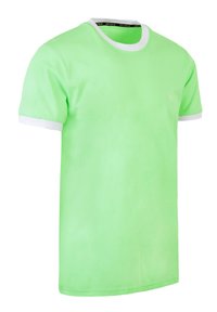 Lichtgroen T-shirt met korte mouwen, witte kraag en mouwranden, gemaakt van zachte katoenen stof, met een klein logo op de borst.