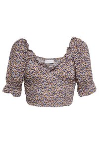 Blommönstrad kort topp med korta puffärmar, fyrkantig halsringning och rynkdetaljer. Har en mörk bakgrund med små rosa och gula blommor.