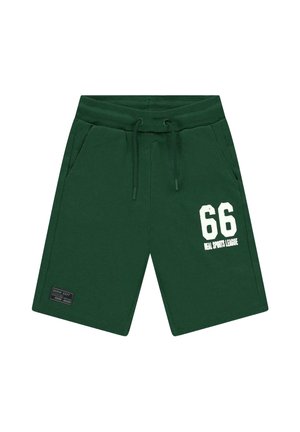 Donkergroene sportshorts met aantrekkoord in de taille, zijzakken, witte "66 Real Sports League"-print op het rechterbeen en een kleine zwarte patch op het linkerbeen.