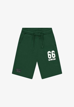 Donkergroene sportshorts met aantrekkoord in de taille, zijzakken, witte "66 Real Sports League"-print op het rechterbeen en een kleine zwarte patch op het linkerbeen.