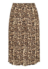 Jupe en imprimé léopard avec une taille élastique, longueur genoux, en tissu léger, présentant un design plissé et une texture douce.