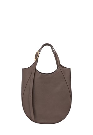 Brown textured leather shoulder bag with a curved shape, adjustable strap, and gold buckle detail on a white background.