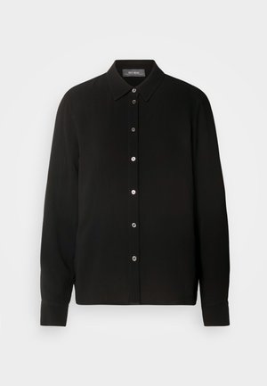 Fekete, hosszúujjú ing gombos nyakkal és elülső gombzárral. Texturált anyagból készült, függőleges csíkokkal.