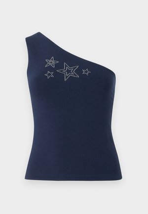 Königsblaues, einseitig tragbares Oberteil aus glattem Stoff, das an der Vorderseite mit silbernen Sternmotiven, verziert mit Strasssteinen, hervorsticht.