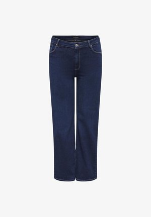 Jeans in denim blu scuro con taglio dritto, design a cinque tasche e chiusura con bottone metallico. Tessuto di peso medio con una texture liscia.