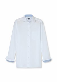 Camicia bianca a maniche lunghe in cotone, con taschino sul petto e polsini a fantasia blu. Collo button-down, taglio dritto, texture liscia.