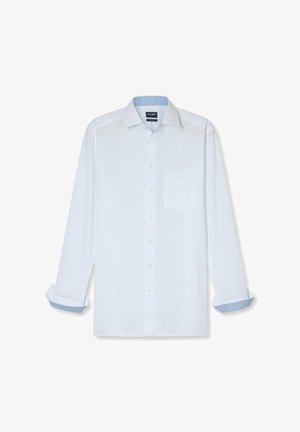 Chemise blanche à manches longues en coton, avec une poche poitrine et des poignets à motifs bleus. Col boutonné, coupe droite, texture lisse.