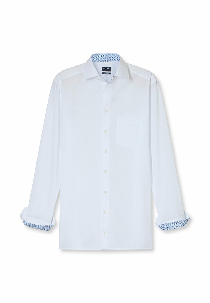 Camicia bianca a maniche lunghe in cotone, con taschino sul petto e polsini a fantasia blu. Collo button-down, taglio dritto, texture liscia.