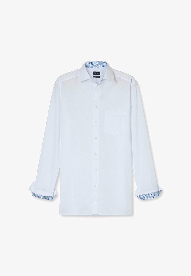 Camicia bianca a maniche lunghe in cotone, con taschino sul petto e polsini a fantasia blu. Collo button-down, taglio dritto, texture liscia.