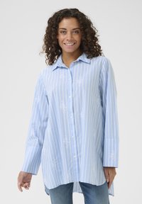Svetlo modra košulja s gumbom in belimi navpičnimi črtami, s cvetličnimi vezeninami in dolgimi rokavi. Narejena iz mehkega materiala.