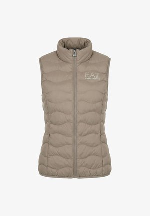 Gilet trapuntato beige senza maniche con cerniera frontale e collo alto, con logo EA7 Emporio Armani sul petto.