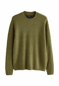 Olive green knit sweater made from textured fabric, featuring a round neckline and ribbed cuffs and hem, providing a relaxed fit.