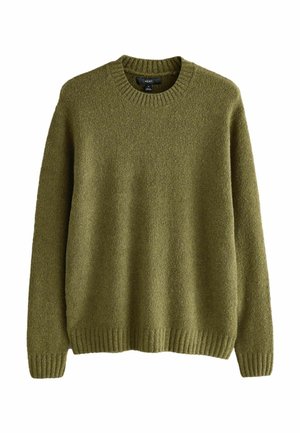 Zielonooliwkowy sweter z dzianiny wykonany z fakturowanej tkaniny, z okrągłym dekoltem oraz ściągaczami przy rękawach i u dołu, zapewniający luźny fason.