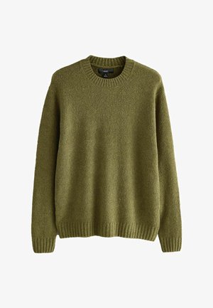 Zielonooliwkowy sweter z dzianiny wykonany z fakturowanej tkaniny, z okrągłym dekoltem oraz ściągaczami przy rękawach i u dołu, zapewniający luźny fason.