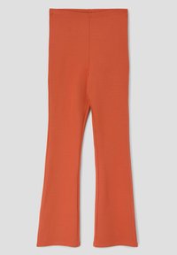 Oranje, uitlopende leggings gemaakt van zacht, rekbaar materiaal met een gladde textuur. Voorzien van een eenvoudige, elastische tailleband.