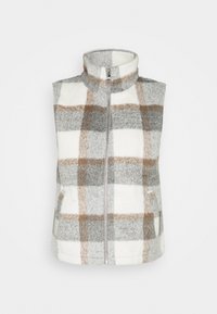 Fleeceweste mit hohem Kragen, versehen mit einem karierter Muster in Grau, Weiß und Braun, sowie einem Frontreißverschluss. Weiche Textur, ärmelloses Design.