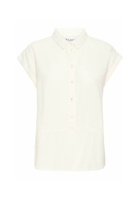 Blusa bianca a maniche corte con chiusura a bottoni sul davanti e colletto classico, caratterizzata da una vestibilità ampia e maniche leggermente arrotolate.