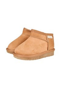 Beige Wildleder-Ankle Boots mit niedrigem Absatz, runder Zehenpartie und gesticktem Detail entlang der Kante. Gummi-Sohle mit strukturierter Griffigkeit für Halt.