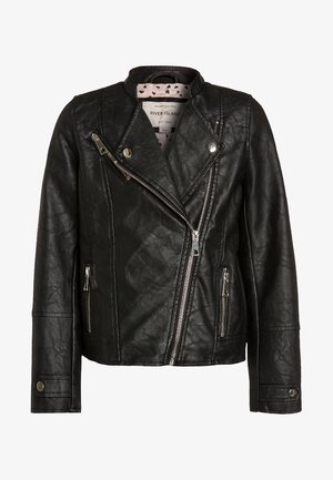 Chaqueta de moto de imitación de cuero negra con cremallera asimétrica, botones a presión, dos bolsillos laterales con cremallera y forro con patrón de lunares.