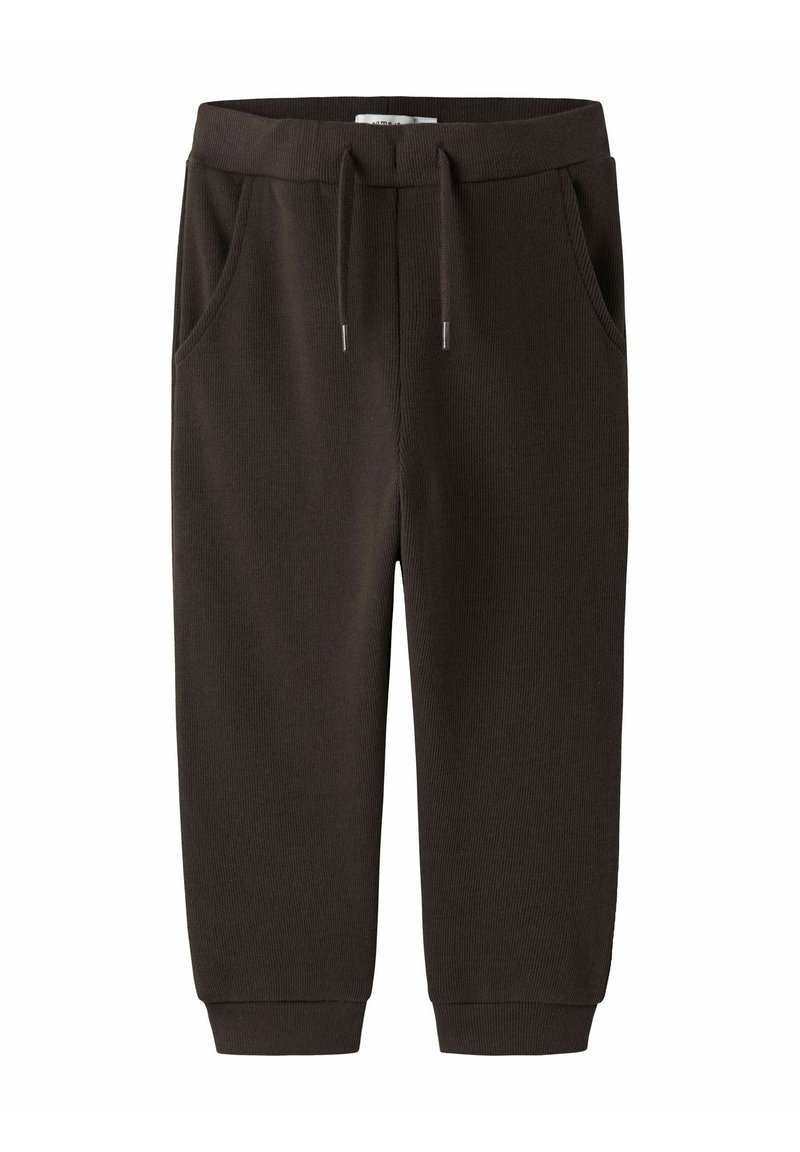 Joggers de mezcla de algodón marrón con una cintura elástica, cordón ajustable y puños acanalados. Cuenta con dos bolsillos laterales para almacenamiento.