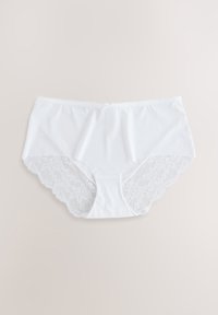 Weiße Baumwollunterwäsche mit floraler Spitzenverzierung an den Rändern, ausgestattet mit einer glatten Vorderseite und einer zarten Schleife am Taillenbund.