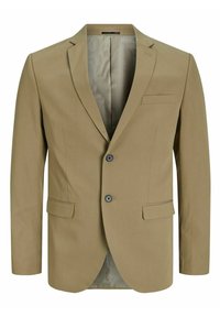 Beige kavaj tillverkad av mjukt tyg, med två knappar, slagkrage och tre fickor, samt ett fodrat inre för ökad komfort.