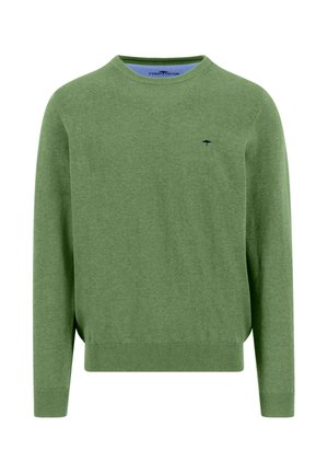 Grüner Pullover mit Rundhalsausschnitt, langen Ärmeln, gerippten Bündchen und Saum sowie kleinem dunklem, besticktem Logo auf der linken Brust.