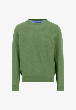 Grüner Pullover mit Rundhalsausschnitt, langen Ärmeln, gerippten Bündchen und Saum sowie kleinem dunklem, besticktem Logo auf der linken Brust.