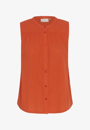 Piros, ujjatlan felső kerek gallérral és gombos elülső résszel. Könnyű, textúrált anyagból készült, finom redőzéssel a vállaknál.