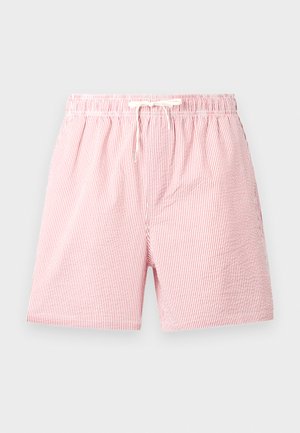 Férfi rózsaszín és fehér, függőleges csíkos úszónadrág, rugalmas derékkal és fehér zsinórral.